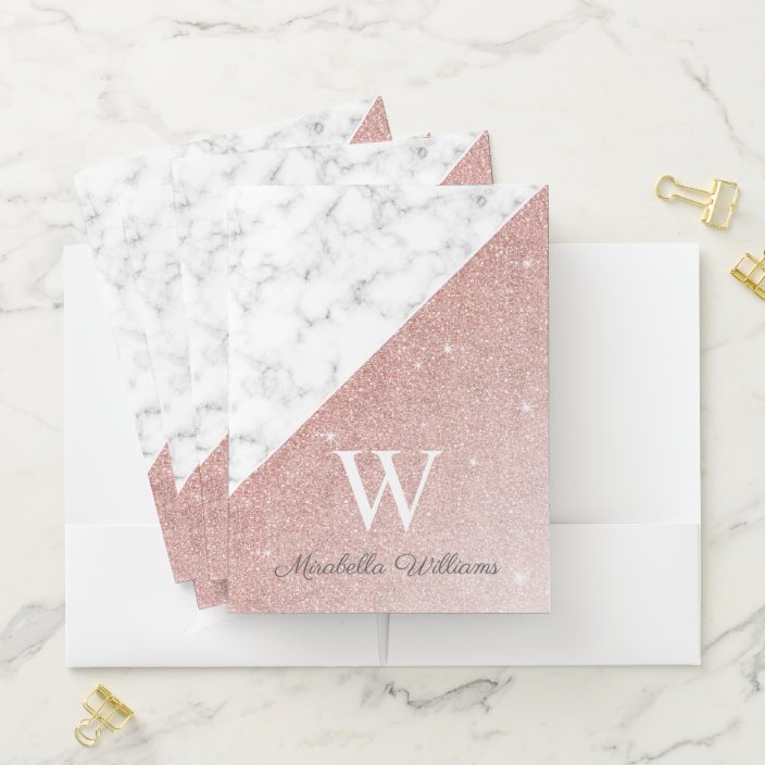 Girly Monogram White Black Dots Rose Gold Glitter Pocket Folder