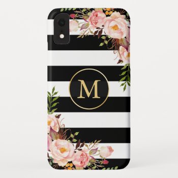 Girly Monogrammed Gold Floral Black White Stripes Iphone Xr Case by CityHunter at Zazzle
