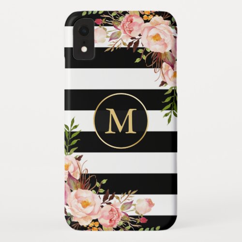 Girly Monogrammed Gold Floral Black White Stripes iPhone XR Case