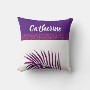 Girly Monogrammed Name Palm Leaf Purple Glitter Throw Pillow