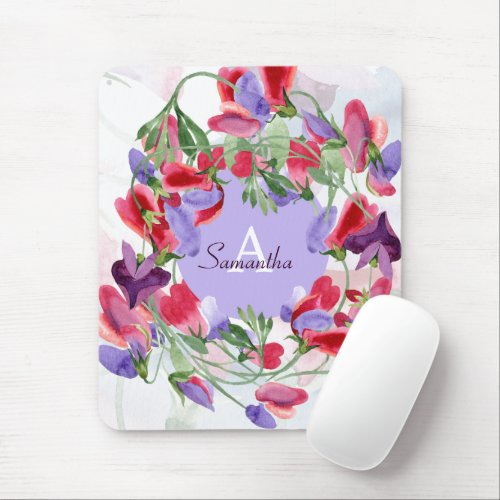 Girly Monogrammed Sweet Pea Floral Watercolor Mouse Pad