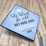 Girly Motivational Quote Blue Glitter Graduation Cap Topper<br><div class="desc">Inspirational graduation cap topper featuring a pastel blue background that can be changed to any color,  pale blue glitter,  a mortarboard,  the grad quote "she believed she could so she did",  the graduates name,  and the class year.</div>