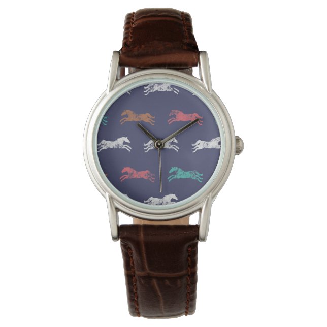 Girly Multi-color Classic Equestrian Horses Watch (Front)