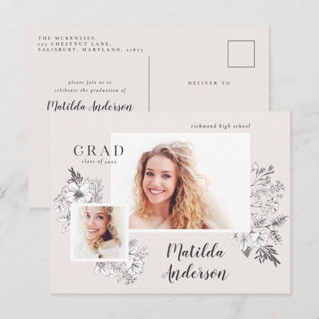 Girly multi photo floral elegant graduation party  invitation postcard (Front/Back)