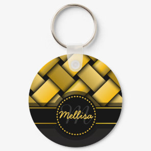 Girly Multicolor Black Gold Weave Pattern Monogram Keychain