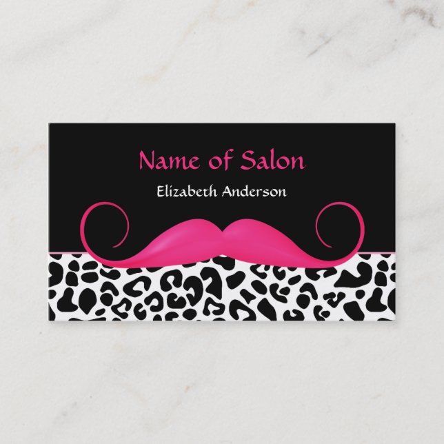 Girly Mustache Pink and Black Leopard Hair Salon Business Card (Front)