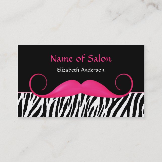 Girly Mustache Pink and Black Zebra Hair Salon Business Card (Front)