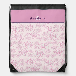 Girly Name & Blush & Pink Floral Doodle Pattern Drawstring Bag