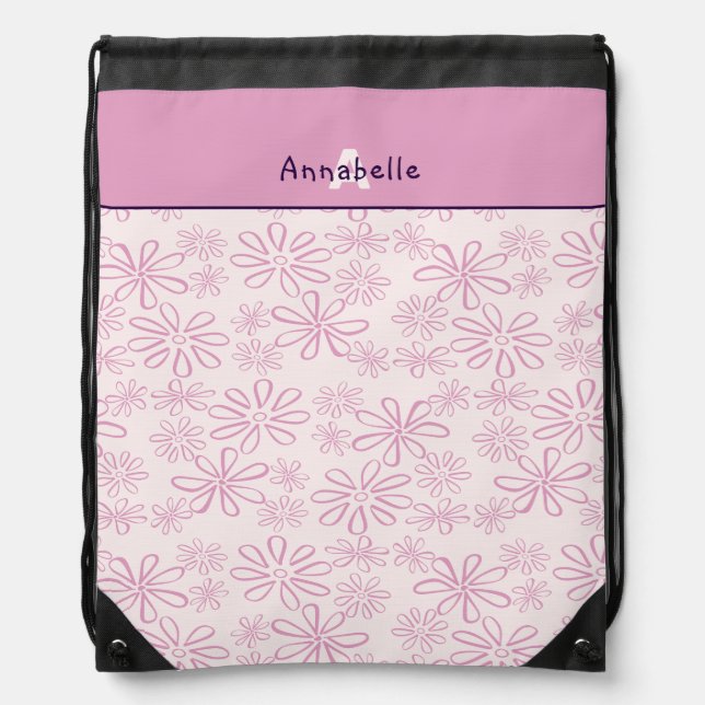 Girly Name & Blush & Pink Floral Doodle Pattern Drawstring Bag (Front)