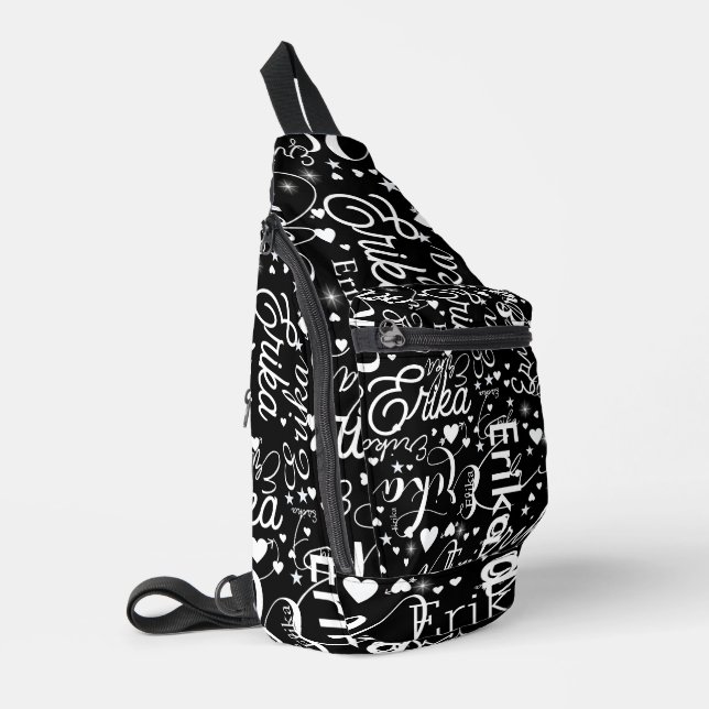 Girly name, hearts and stars black and white sling bag (Left Corner)
