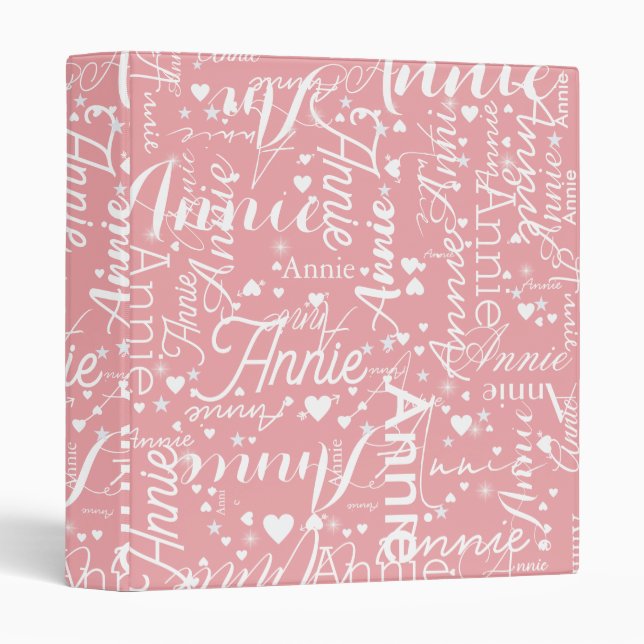 Girly Name Hearts and Stars Dusty Pink 3 Ring Binder (Front/Spine)