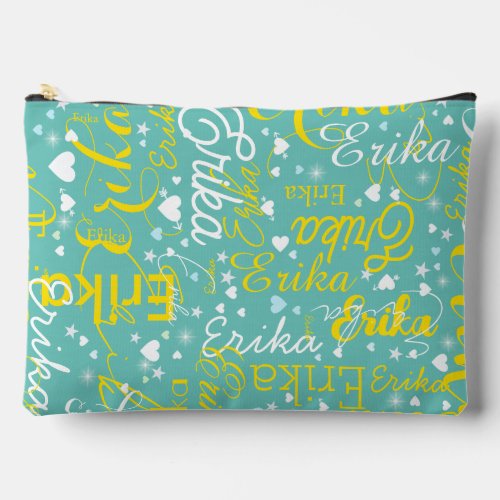 Girly Name Hearts and Stars teal Accessory Pouch