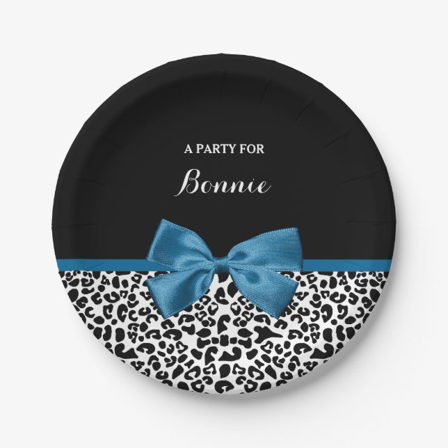 Girly Name Leopard Print Pretty Blue Ribbon Bow Paper Plates (Front)
