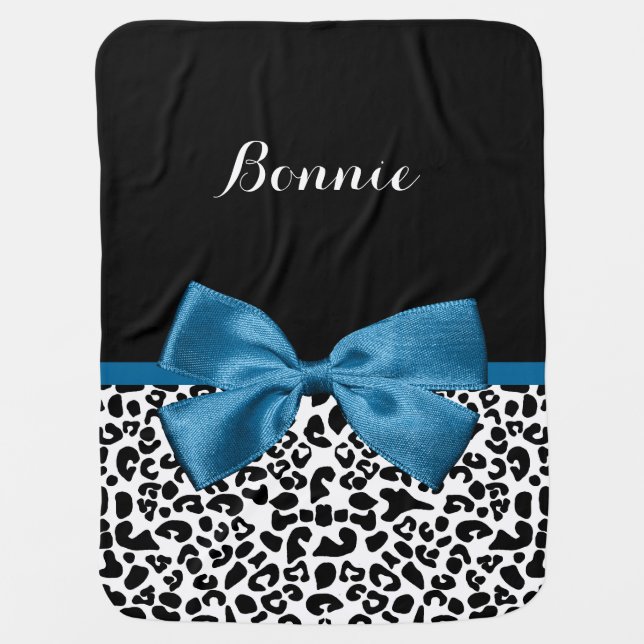 Girly Name Leopard Print Pretty Cobalt Blue Ribbon Baby Blanket (Front)