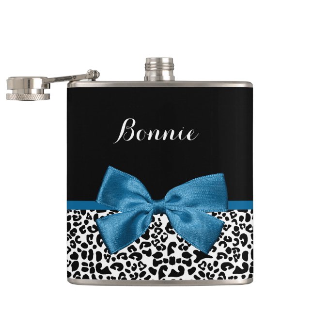 Girly Name Leopard Print Pretty Cobalt Blue Ribbon Flask (Opened)