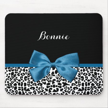Girly Name Leopard Print Pretty Cobalt Blue Ribbon Mouse Pad