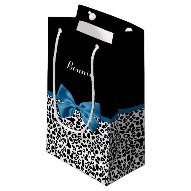 Girly Name Leopard Print Pretty Cobalt Blue Ribbon Small Gift Bag (Front Angled)