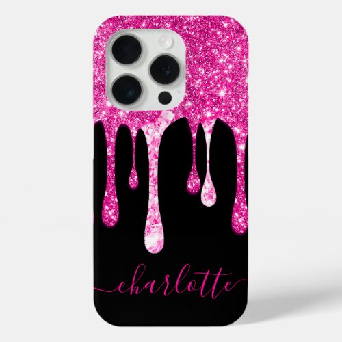 Girly Name Sparkly Hot Pink Dripping Glitter iPhone 15 Pro Case