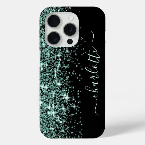 Girly Name Sparkly Mint Glitter Border Black iPhone 15 Pro Case