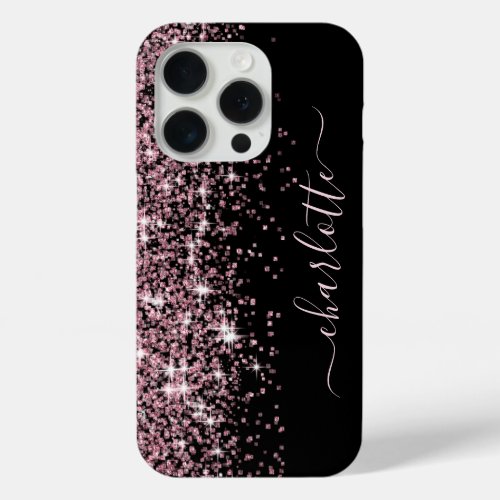 Girly Name Sparkly Pink Glitter Border Black iPhone 15 Pro Case