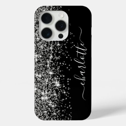 Girly Name Sparkly Silver Glitter Border Black iPhone 15 Pro Case