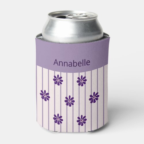 Girly Name Violet Stripes and Purple Flowers Can Cooler