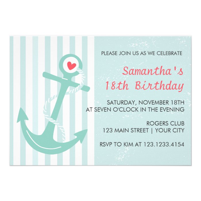 Girly Nautical Anchor Birthday Party Custom Announcement