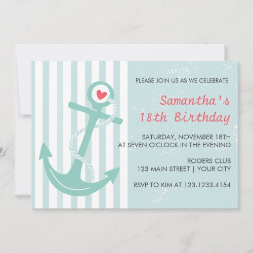 Girly Nautical Anchor Birthday Party Custom Announcement