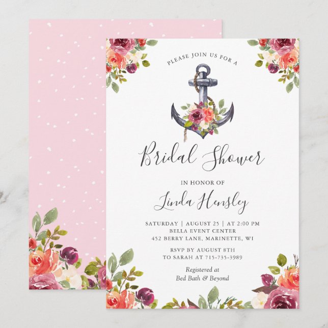 Girly Nautical Anchor Floral Bridal Shower Invitation (Front/Back)