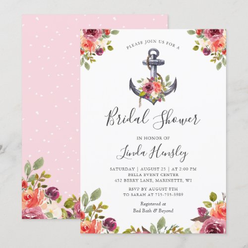 Girly Nautical Anchor Floral Bridal Shower Card