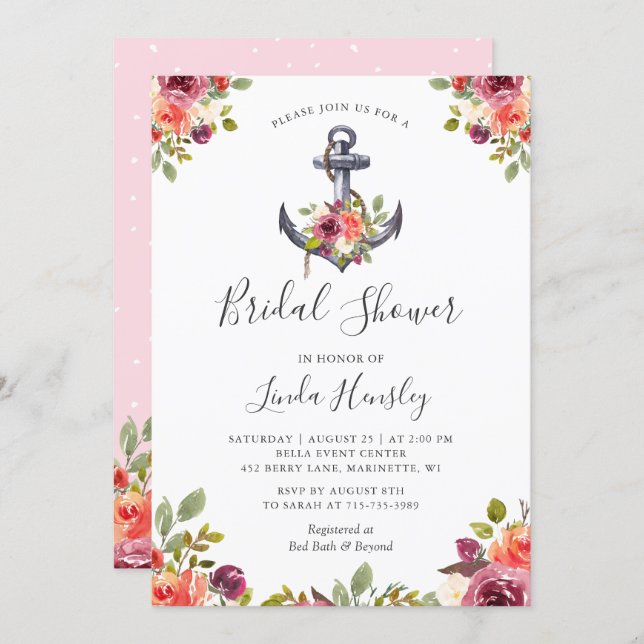 Girly Nautical Anchor Floral Bridal Shower Invitation (Front/Back)