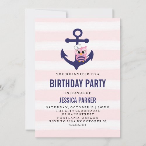 Girly Nautical Anchor with Owl and Stripe Birthday Invitation