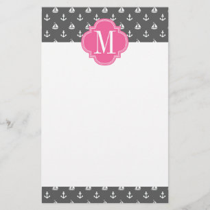 Girly Nautical Anchors Charcoal Pink Personalized Stationery