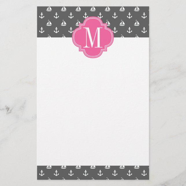 Girly Nautical Anchors Charcoal Pink Personalized Stationery (Front)
