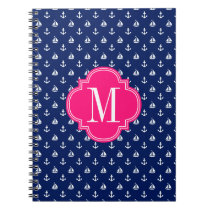 Girly Nautical Anchors Navy Pink Personalized Notebook