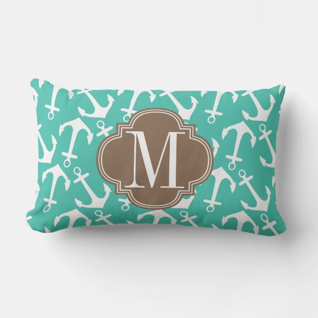 Girly Nautical Anchors Turquoise brown Personalize Lumbar Pillow (Front)