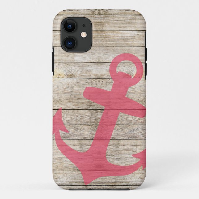 Girly Nautical Pink Anchor and Wood Look Case-Mate iPhone Case (Back)