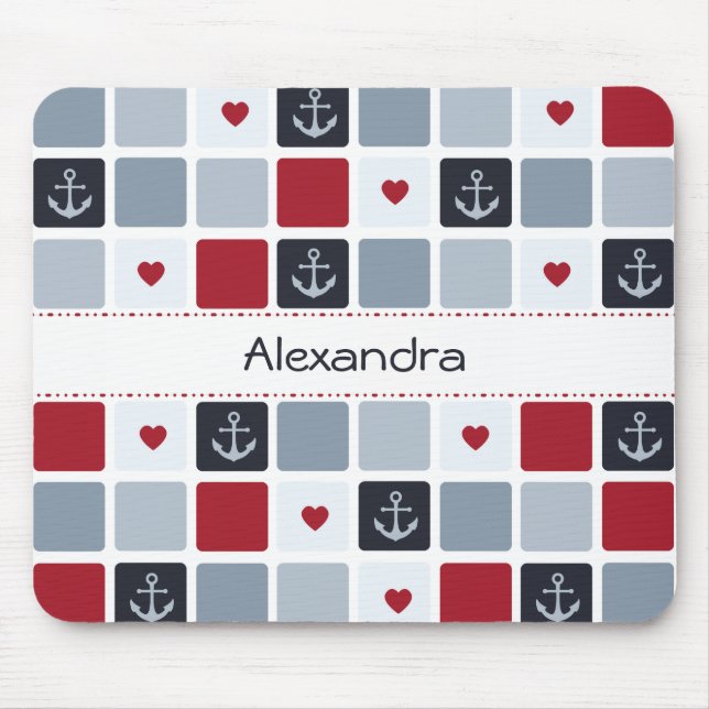 Girly Navy and Red Anchor Heart Pattern With Name Mouse Pad (Front)