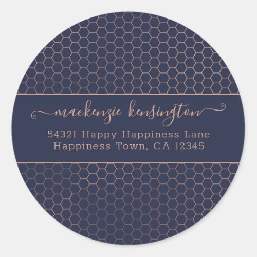 Girly Navy and Rose Gold Foil Hexagon Address Clas Classic Round Sticker