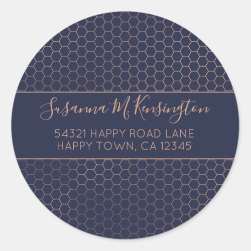 Girly Navy and Rose Gold Foil Hexagon Address Classic Round Sticker