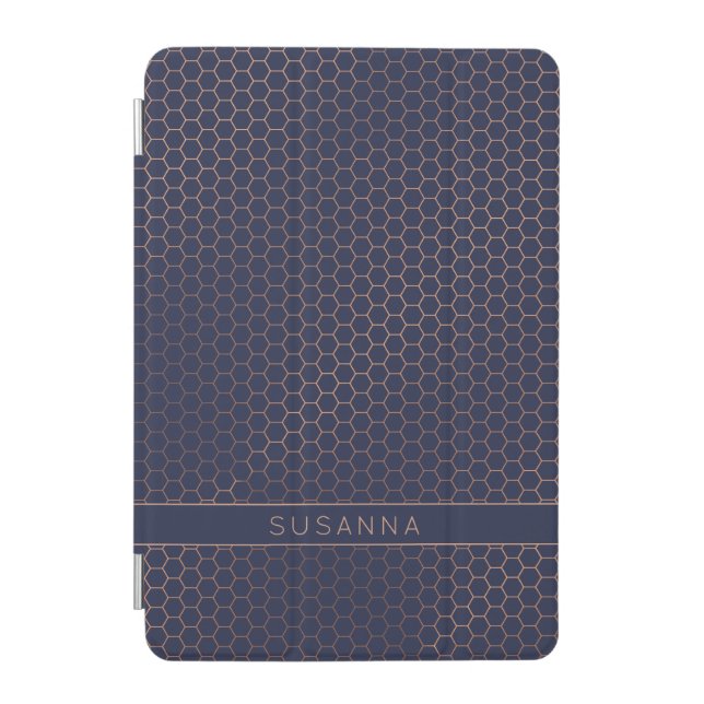 Girly Navy and Rose Gold Foil Hexagon Geometric iPad Mini Cover (Front)