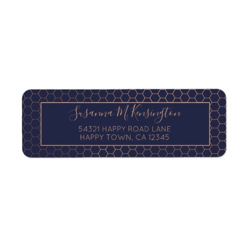 Girly Navy and Rose Gold Foil Hexagon Geometric Label