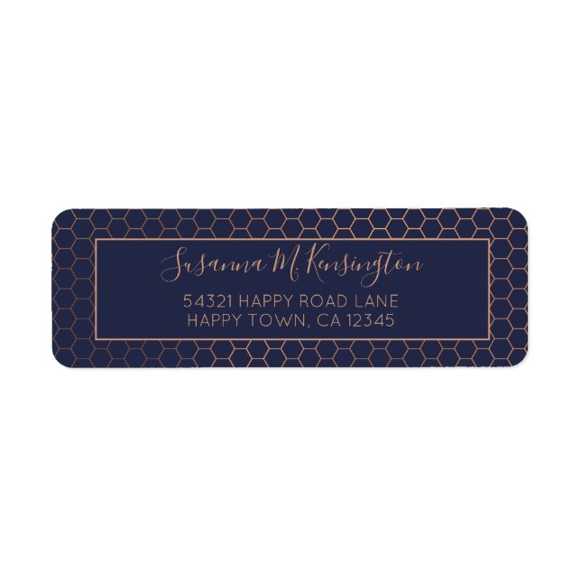 Girly Navy and Rose Gold Foil Hexagon Geometric Label (Front)