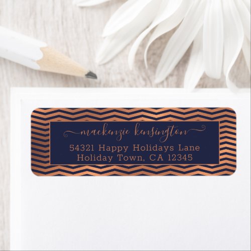 Girly Navy Blue and Copper Rose Gold Foil Chevron  Label