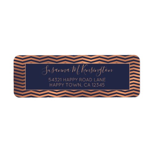 Girly Navy Blue and Copper Rose Gold Foil Chevron Label