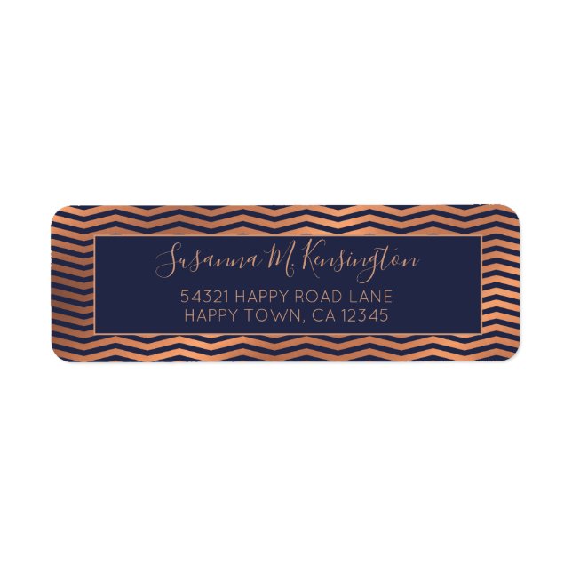 Girly Navy Blue and Copper Rose Gold Foil Chevron Label (Front)