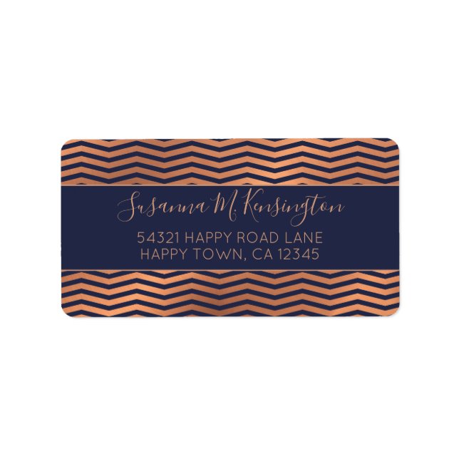 Girly Navy Blue and Rose Gold Foil Chevron Label (Front)