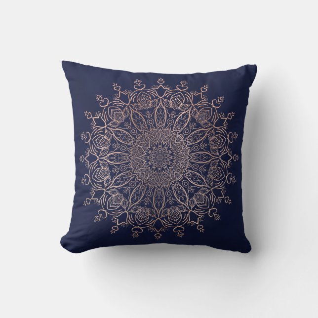 Girly Navy Blue and Rose Gold Mandala Boho Throw Pillow (Front)