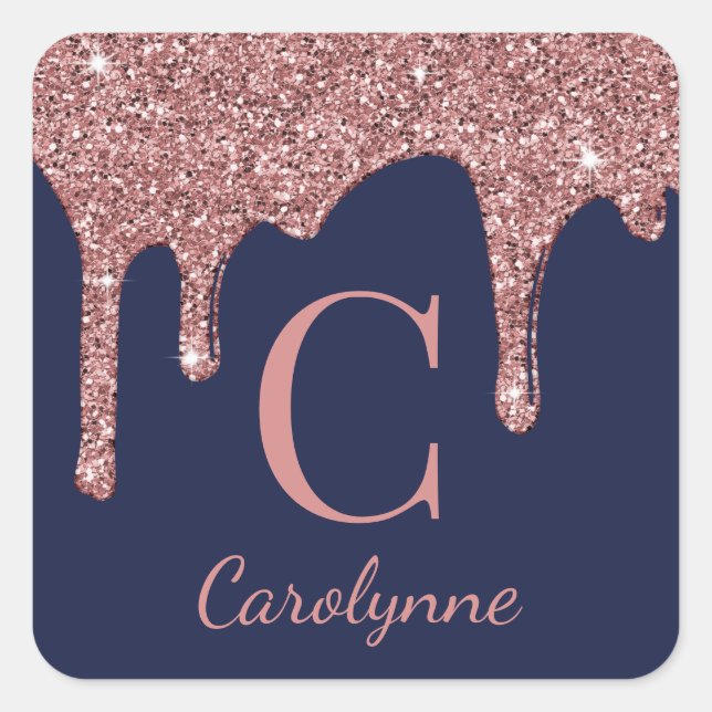 Girly Navy Blue Blush Pink Sparkle Glitter Drips Square Sticker (Front)
