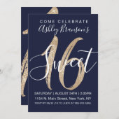 Girly Navy Blue Faux Gold Sequin Glitter Sweet 16 Invitation (Front/Back)